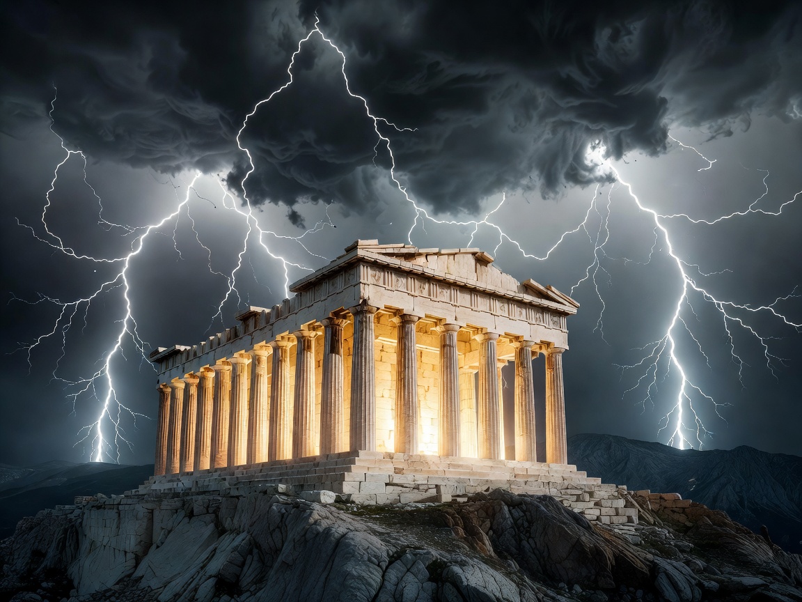Glowing Olympus temple surrounded by majestic lightning