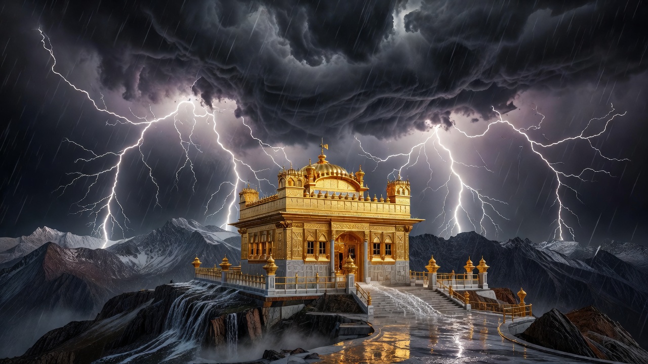 Mount Olympus golden temple during an electric thunder storm